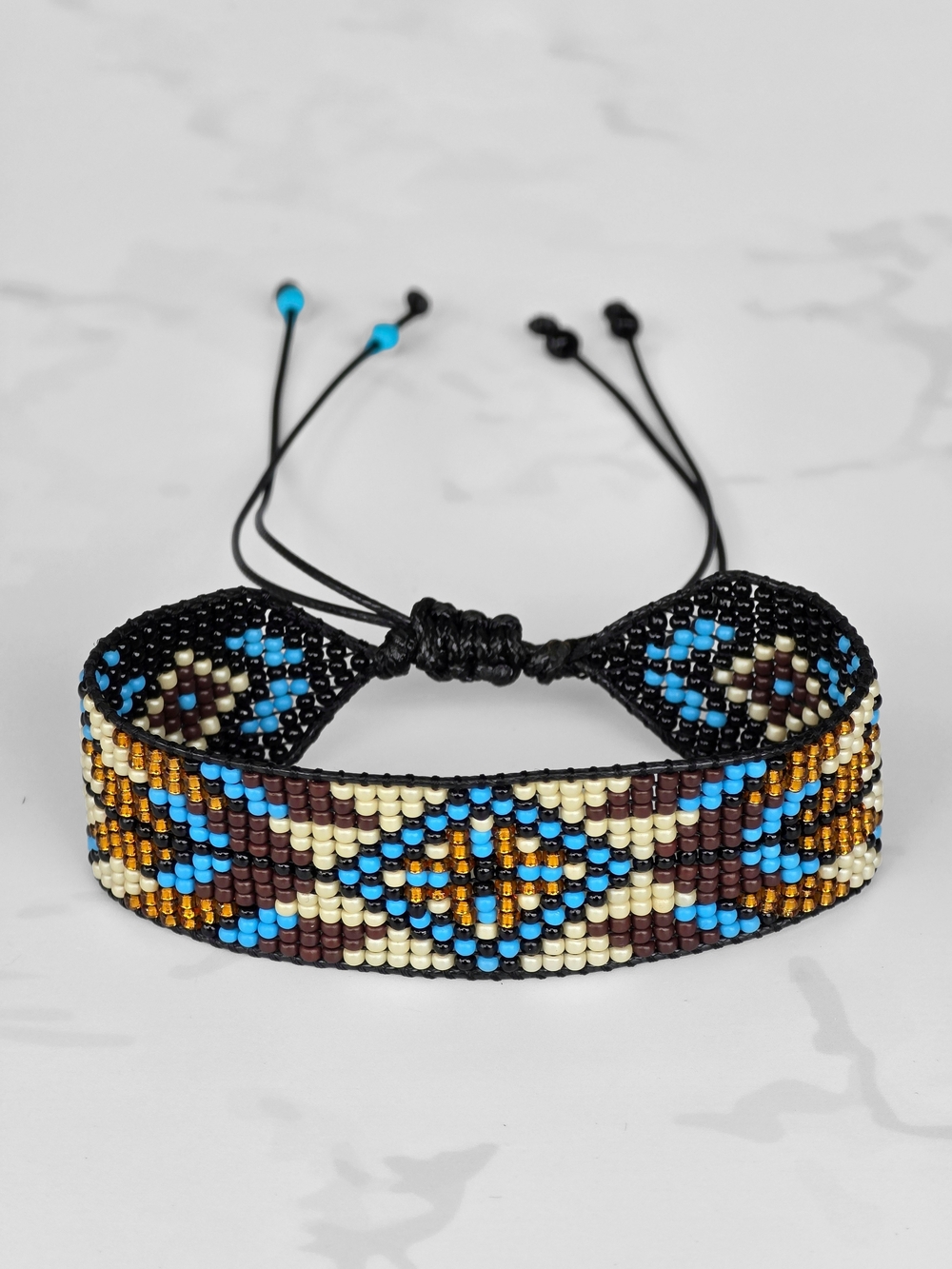 Handmade Seed Bead Cuff Woven Bracelet Loom Southwestern Geo - Brown Cream Blue